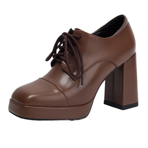 Vrupons Plateau-Schuhe | Damen 9.5cm Absatz & 2cm Plateau Oxford mit Schnürung Retro Quadratkappe rutschfest (Braun, 36 EU) von Vrupons