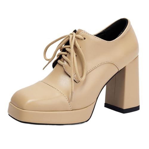 Vrupons Plateau-Schuhe | Damen 9.5cm Absatz & 2cm Plateau Oxford mit Schnürung Retro Quadratkappe rutschfest (Gelb, 43 EU) von Vrupons