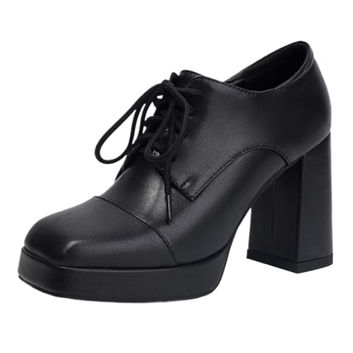 Vrupons Plateau-Schuhe | Damen 9.5cm Absatz & 2cm Plateau Oxford mit Schnürung Retro Quadratkappe rutschfest (Schwarz, 45 EU) von Vrupons