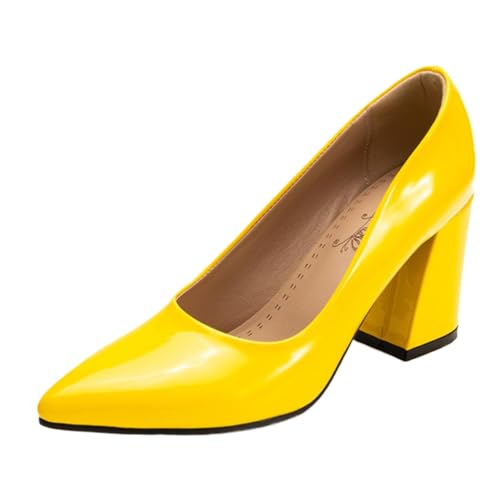 Vrupons Pumps mit Blockabsatz | 8cm Absatz High Heels für Damen Büro & Fest Weite Passform (Gelb, 50 EU) von Vrupons