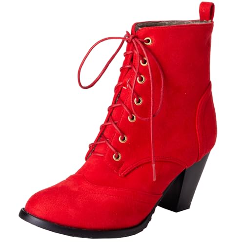Vrupons Retro Schnürstiefeletten Damen mit Blockabsatz und Warmem Innenfutter Ideal für Herbst und Winter Modische Kurze Stiefel für Damen (Matt Rot, 39 EU) von Vrupons
