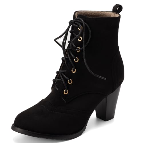 Vrupons Retro Schnürstiefeletten Damen mit Blockabsatz und Warmem Innenfutter Ideal für Herbst und Winter Modische Kurze Stiefel für Damen (Mattschwarz, 37 EU) von Vrupons