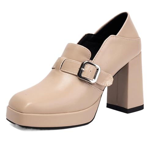 Vrupons Schuhe mit Quadratkappe | Damen 9.5cm Blockabsatz 2cm Plateau Schlupfschuh mit Schnalle für Büro (Beige, 38 EU) von Vrupons