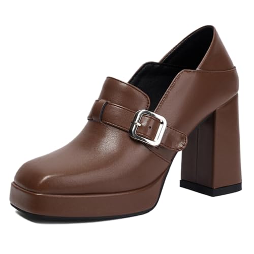 Vrupons Schuhe mit Quadratkappe | Damen 9.5cm Blockabsatz 2cm Plateau Schlupfschuh mit Schnalle für Büro (Braun, 38 EU) von Vrupons