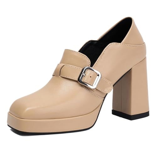 Vrupons Schuhe mit Quadratkappe | Damen 9.5cm Blockabsatz 2cm Plateau Schlupfschuh mit Schnalle für Büro (Gelb, 45 EU) von Vrupons