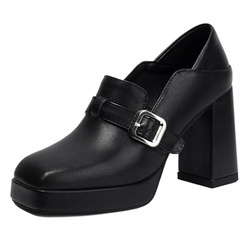 Vrupons Schuhe mit Quadratkappe | Damen 9.5cm Blockabsatz 2cm Plateau Schlupfschuh mit Schnalle für Büro (Schwarz, 39 EU) von Vrupons