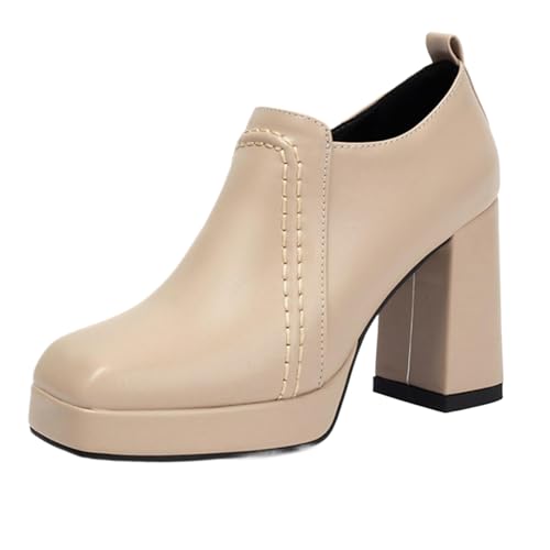 Vrupons Schuhe mit Quadratkappe | Damen 9.5cm Blockabsatz 2cm Plateau mit seitlichem Reißverschluss (Beige, 37 EU) von Vrupons