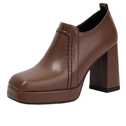 Vrupons Schuhe mit Quadratkappe | Damen 9.5cm Blockabsatz 2cm Plateau mit seitlichem Reißverschluss (Braun, 43 EU) von Vrupons