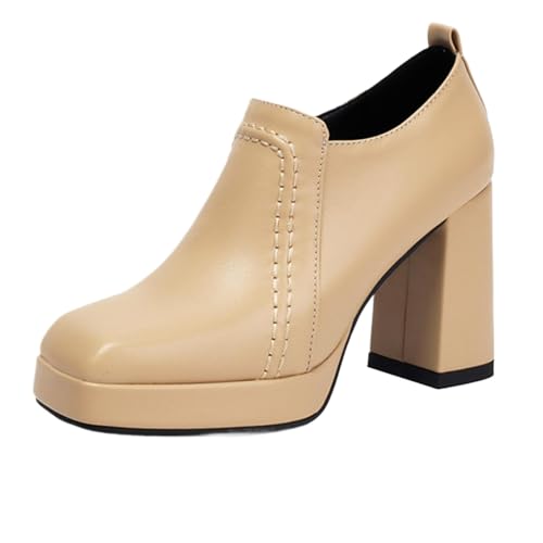 Vrupons Schuhe mit Quadratkappe | Damen 9.5cm Blockabsatz 2cm Plateau mit seitlichem Reißverschluss (Gelb, 34 EU) von Vrupons