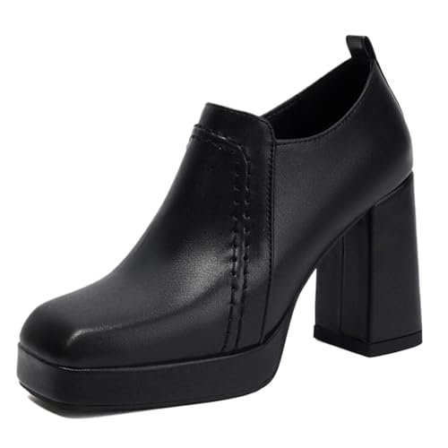 Vrupons Schuhe mit Quadratkappe | Damen 9.5cm Blockabsatz 2cm Plateau mit seitlichem Reißverschluss (Schwarz, 35 EU) von Vrupons