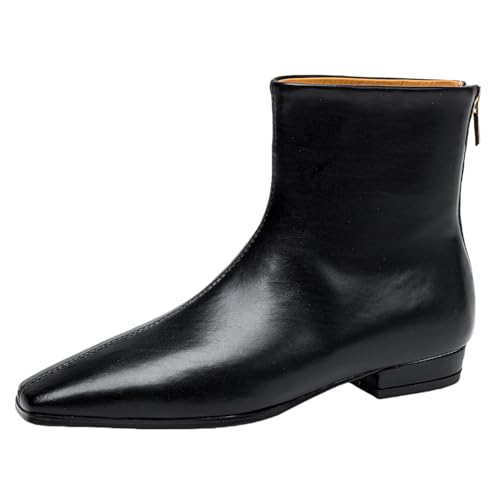 Vrupons Schwarze Flache Kurze Stiefeletten für Damen mit Reißverschluss hinten - Stilvollen Design mit Quadratischer Zehenpartie (Matt, 38 EU) von Vrupons