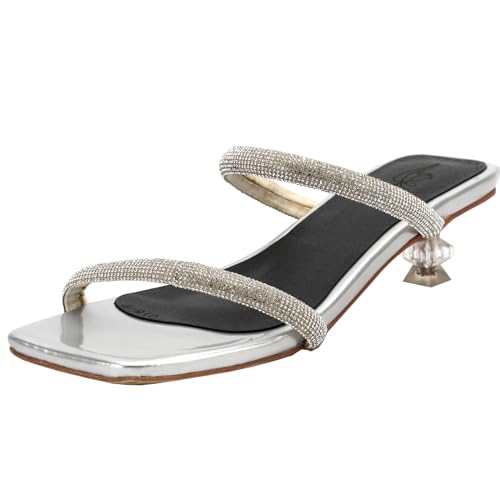 Vrupons Stilvolle Damensandalen mit niedrigem Absatz - Sparkling Fashion Slides (Silber, 33) von Vrupons