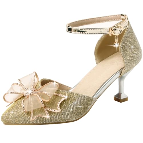 Vrupons Stilvolle Schmetterlingsschleifensandalen für Frauen mit Kitten Heels - Party Abendkleid Sandalen (Gold, 32) von Vrupons