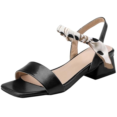 Vrupons Stilvolle lässige Damen Low Heel Sandalen mit Schal Krawatten - Bequeme Sommerschuhe (Schwarz, 34) von Vrupons