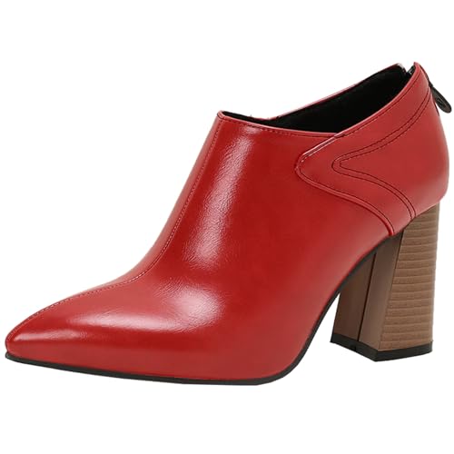 Vrupons Stilvolle modische kurze Stiefel für Damen mit spitzer Zehenpartie und Reißverschluss hinten - Chunky High Heel (Rot, 34) von Vrupons