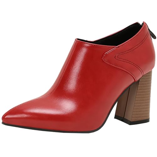 Vrupons Stilvolle modische kurze Stiefel für Damen mit spitzer Zehenpartie und Reißverschluss hinten - Chunky High Heel (Rot, 35) von Vrupons