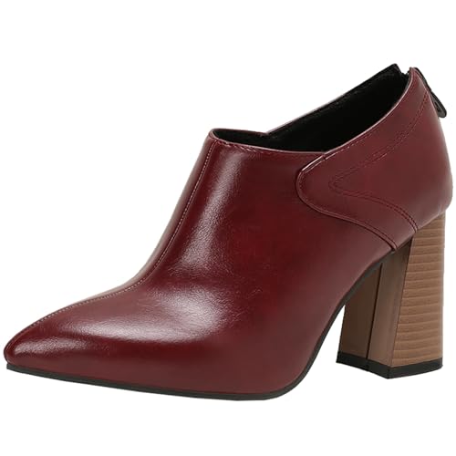 Vrupons Stilvolle modische kurze Stiefel für Damen mit spitzer Zehenpartie und Reißverschluss hinten - Chunky High Heel (Weinrot, 34) von Vrupons