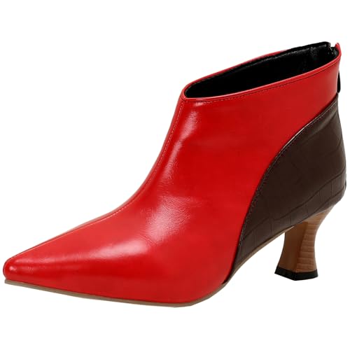 Vrupons Stylische kurze Stiefel für Damen mit spitzer Zehenpartie und Reißverschluss hinten - Cone Heels (Rot, 34) von Vrupons