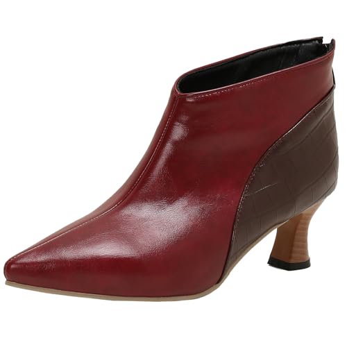 Vrupons Stylische kurze Stiefel für Damen mit spitzer Zehenpartie und Reißverschluss hinten - Cone Heels (Weinrot, 35) von Vrupons