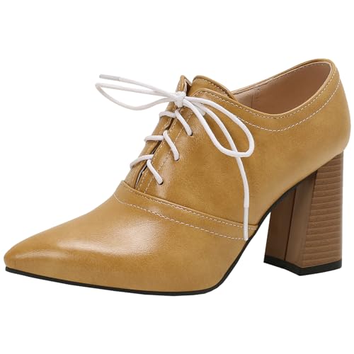 Vrupons Stylische kurze Stiefel für Damen mit spitzer Zehenpartie und Schnürverschluss - High Block Heels (Gelb, 42) von Vrupons