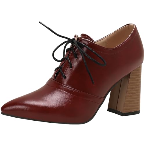 Vrupons Stylische Kurze Stiefel für Damen mit spitzer Zehenpartie und Schnürverschluss - High Block Heels (Weinrot, 35) von Vrupons