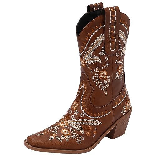 Vrupons Western-Cowboy-Stiefeletten für Damen mit klobigen Absätzen und spitzer Spitze (Braun,40) von Vrupons