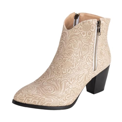 Vrupons Western Stiefeletten | Damen 5.5cm Blockabsatz mit Seitlichem Reißverschluss Florales Design Kunstfellfutter (Beige, 32 EU) von Vrupons