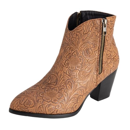 Vrupons Western Stiefeletten | Damen 5.5cm Blockabsatz mit Seitlichem Reißverschluss Florales Design Kunstfellfutter (Braun, 48 EU) von Vrupons