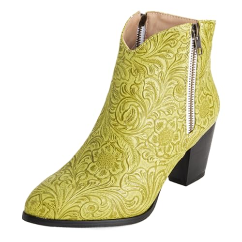 Vrupons Western Stiefeletten | Damen 5.5cm Blockabsatz mit Seitlichem Reißverschluss Florales Design Kunstfellfutter (Gelb, 50 EU) von Vrupons