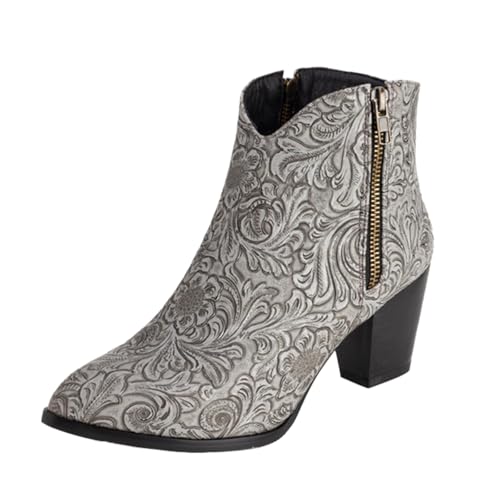 Vrupons Western Stiefeletten | Damen 5.5cm Blockabsatz mit Seitlichem Reißverschluss Florales Design Kunstfellfutter (Grau, 48 EU) von Vrupons