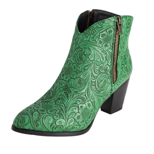 Vrupons Western Stiefeletten | Damen 5.5cm Blockabsatz mit Seitlichem Reißverschluss Florales Design Kunstfellfutter (Grün, 34 EU) von Vrupons