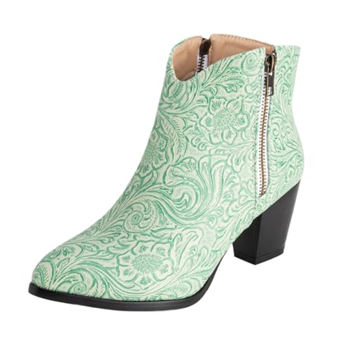 Vrupons Western Stiefeletten | Damen 5.5cm Blockabsatz mit Seitlichem Reißverschluss Florales Design Kunstfellfutter (Grün1, 38 EU) von Vrupons
