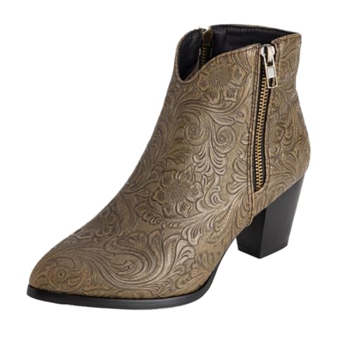 Vrupons Western Stiefeletten | Damen 5.5cm Blockabsatz mit Seitlichem Reißverschluss Florales Design Kunstfellfutter (Khaki, 47 EU) von Vrupons