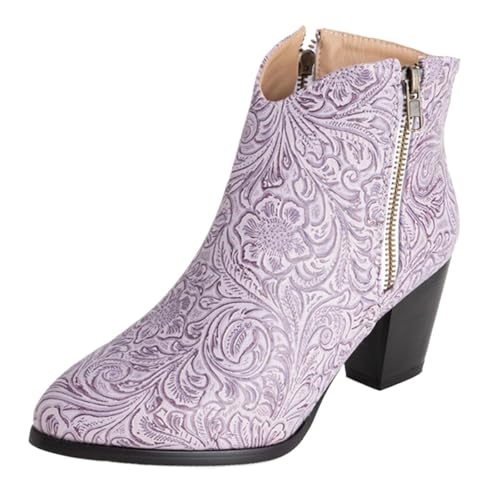 Vrupons Western Stiefeletten | Damen 5.5cm Blockabsatz mit Seitlichem Reißverschluss Florales Design Kunstfellfutter (Lila, 48 EU) von Vrupons