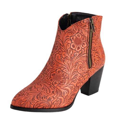 Vrupons Western Stiefeletten | Damen 5.5cm Blockabsatz mit Seitlichem Reißverschluss Florales Design Kunstfellfutter (Orange, 45 EU) von Vrupons