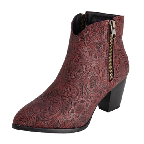 Vrupons Western Stiefeletten | Damen 5.5cm Blockabsatz mit Seitlichem Reißverschluss Florales Design Kunstfellfutter (Rot, 40 EU) von Vrupons