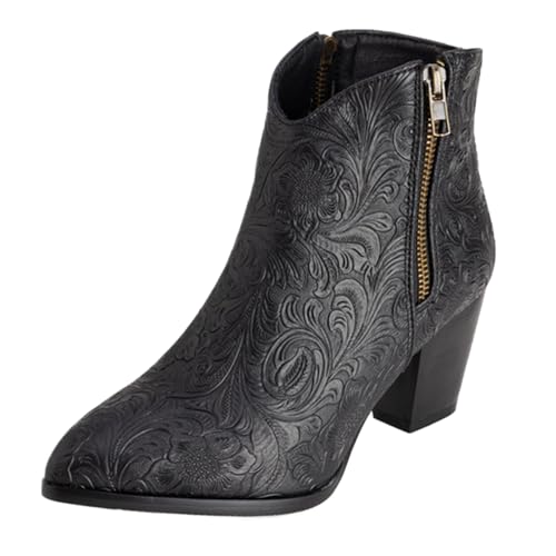Vrupons Western Stiefeletten | Damen 5.5cm Blockabsatz mit Seitlichem Reißverschluss Florales Design Kunstfellfutter (Schwarz, 38 EU) von Vrupons