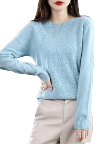 Damen 100% Merinowolle Hohl Strickpullover Langarm Casual Rundhals Pullover Solide Pullover, seeblau, M von Vsadsau