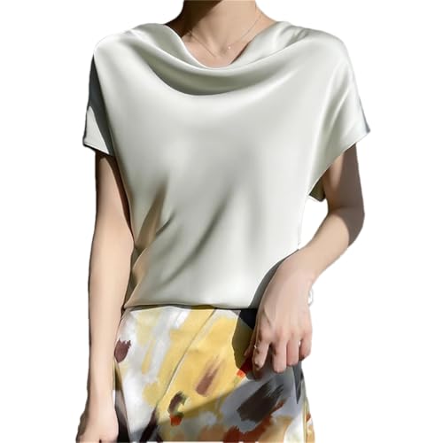 Damen-Blusen aus Satin, kurzärmelig, V-Ausschnitt, einfarbig, drapiert, lässiges Oberteil, Pea En8, M von Vsadsau