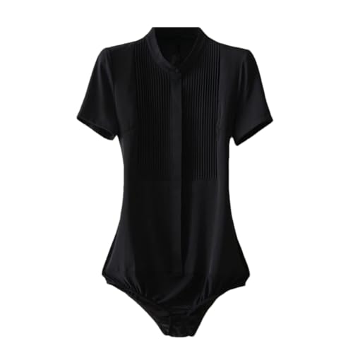 Damen-Body aus Chiffon, Stehkragen, plissiert, kurze Ärmel, einfarbig, Büro, Arbeit, Blusen, Schwarz , L von Vsadsau
