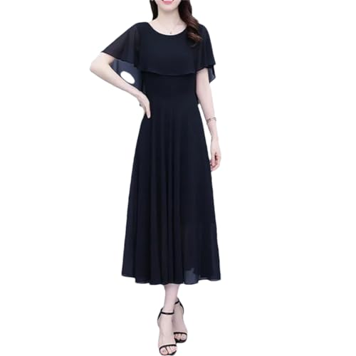 Damen Rundhals Kurzarm Kleid Chiffon Solid Oversize Female Kleider Slim Big Swing Kleid, Schwarz , L von Vsadsau