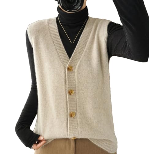 Damen Wollmischung Cardigan Weste Solid V-Ausschnitt Strickweste Ärmellos Knöpfe Pullover Weste, Braun Grau, XXL von Vsadsau