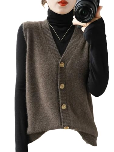 Damen Wollmischung Cardigan Weste Solid V-Ausschnitt Strickweste Ärmellos Knöpfe Pullover Weste, coffee, XL von Vsadsau