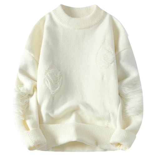Herbst Winter Herren Solide Rundhals Pullover Zerrissen Loch Weiche Warme Pullover Hip Hop Streetwear, weiß, Medium von Vsadsau