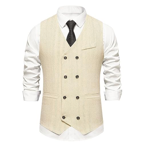 Herren Retro Anzug Weste Solide V-Ausschnitt Zweireiher Weste Formale Business Casual Weste, beige, XL von Vsadsau