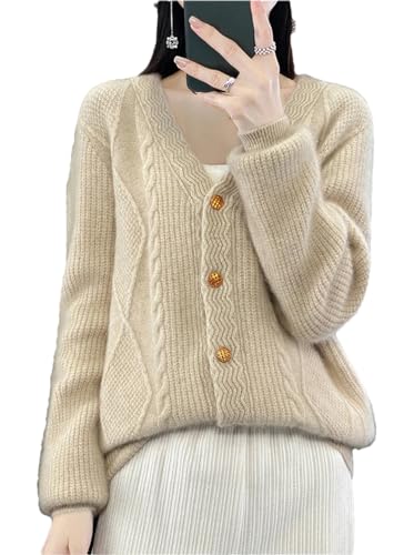 Lässige V-Ausschnitt Strickjacke Pullover Frauen 100% Merinowolle Pullover Mantel Solide Dicke Strickpullover, Flaches Khaki9, XX-Large von Vsadsau