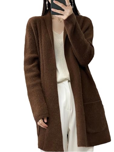 Vsadsau 100% Merinowolle Offene Front Lange Strickjacken Einfarbig Dicker Strickpullover Mantel mit Großen Taschen, coffee, M von Vsadsau