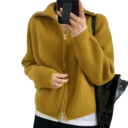 Vsadsau 100% Merinowolle Strickjacke Pullover Frauen Casual Gestrickte Revers Pullover Mantel Reißverschluss Faul Pullover, gelb, S von Vsadsau