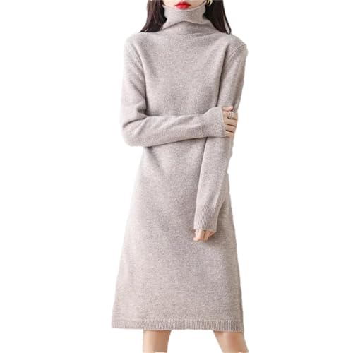 Vsadsau 100% Merinowolle Strickpullover Kleider Frauen Kaschmir Rollkragenpullover Knielänge Strickkleid, Milch Khaki9, L von Vsadsau