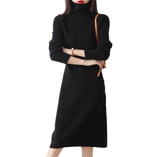 Vsadsau 100% Merinowolle Strickpullover Kleider Frauen Kaschmir Rollkragenpullover Knielänge Strickkleid, Schwarz , M von Vsadsau